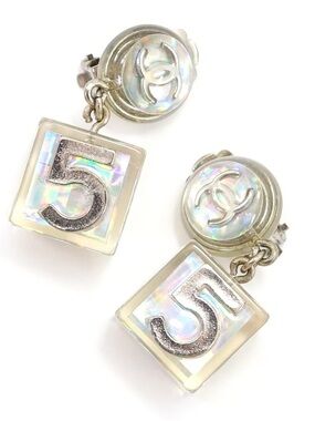 CHANEL Number 5 Clip-On Dangle Earrings Iridescent Silver Square Cube, vintage